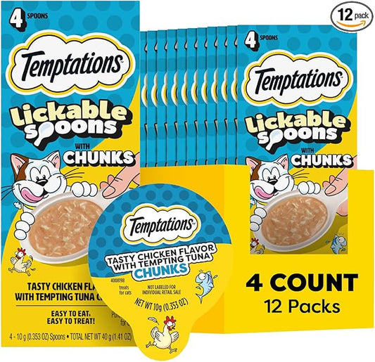 Temptations Lickable Spoons, Soft Lickable Cat Treats, Adult Wet Cat Treats, Chicken Flavor with Tuna Chunks, 4 Spoons, Pack of 12 (48 Total)