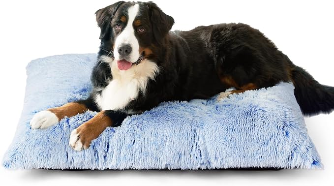EHEYCIGA Fluffy XXL Dog Crate Pad, Plush Faux Fur Crate Bed for Extra Large Dogs, Calming Anti Anxiety XXL Dog Bed, Washable Warm Mat with Non-Slip Bottom, Blue