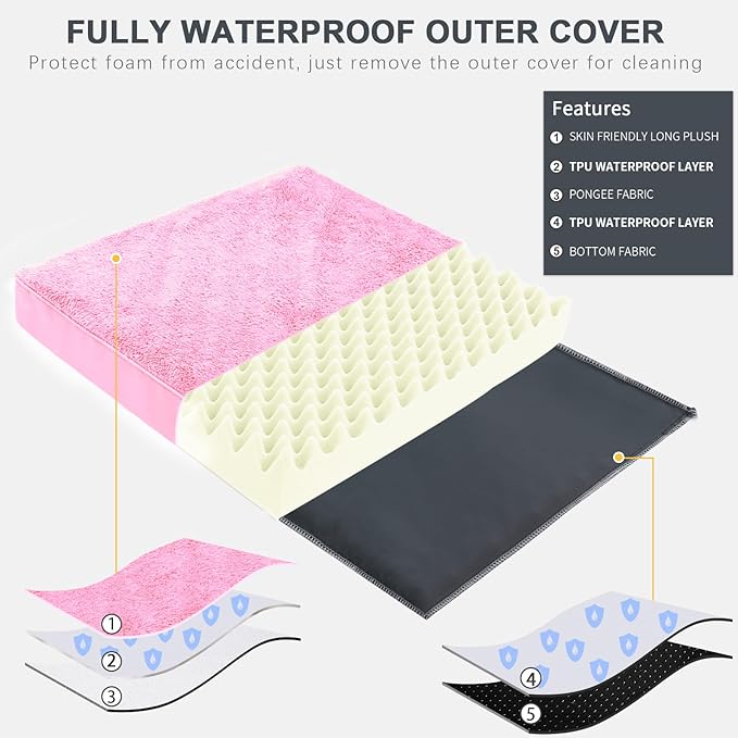 Waterproof Dog Bed Medium Size Dog Orthopedic Pet Beds for Crate with Removable Washable Cover Egg-Crate Foam Pet Pad Mat with Anti-Slip Bottom, 35x22 Inch, Pink