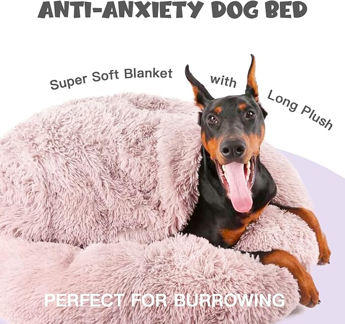 Himax Dog Beds for Large Dogs, Donut Dogs Beds with Blanket Attached, Calming Dog Bed Washable (20"/26"/35") Beige