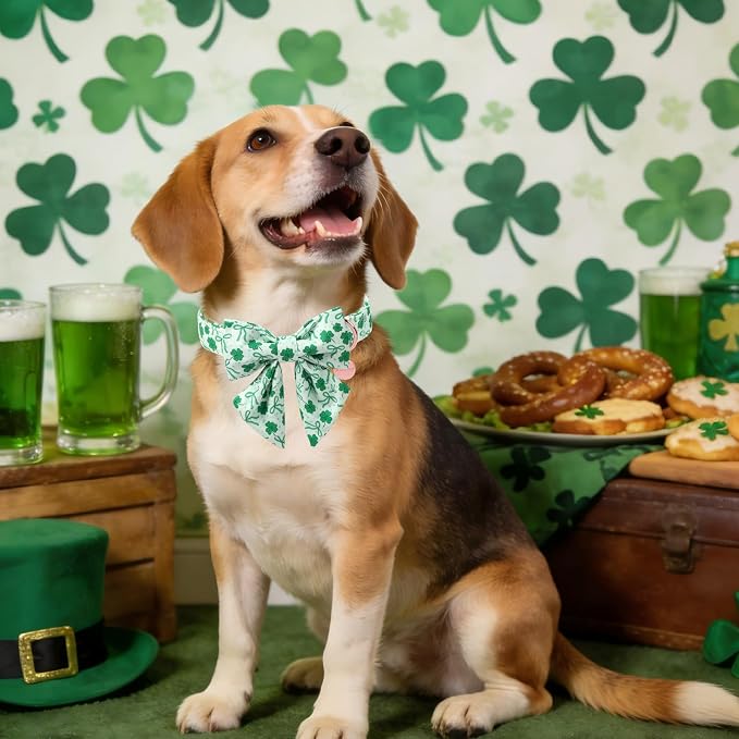 St. Patrick's Day Dog Collar with Bow Tie, Cotton St. Patrick's Day Bowtie Collar for Girl Boy Dog, Lucky Shamrock Dog Collar with Metal Buckle, Spring, L