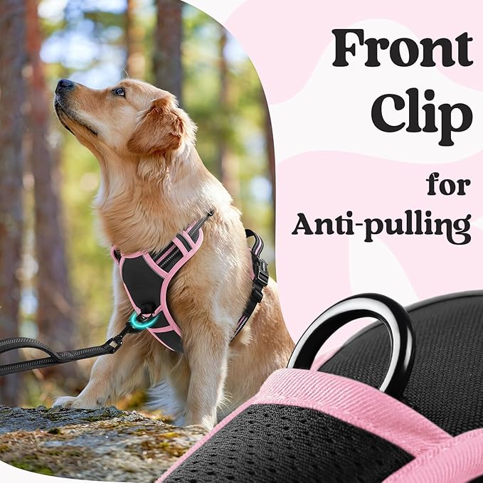 rabbitgoo Dog Harness Medium Sized, No Pull Easy On & Off with 3 Buckles Pet Harness, Adjustable Soft Walking Vest with 2 Clips and Handle, Reflective for Medium Dogs, Black & Pink, M