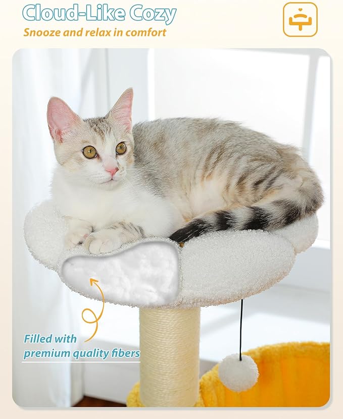 MUTTROS Cute Cat Tree with Flower Top Bed - Cloud Scratching Posts, 35" Small Cat Tower with Large Metal Frame Hammock for Indoor Cats, White Cat Condo for Kittens, Yellow