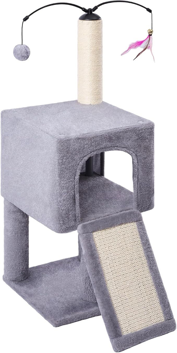Roypet 32" Cat Tree for Indoor Cats, 2-in-1 Cat House with Sisal Scratching Post & Ramp, 2-Level Cat Tower with Rotatable Feather & Ball Toys, Stable Grey Cat Condo for Small/Medium Cats, Grey
