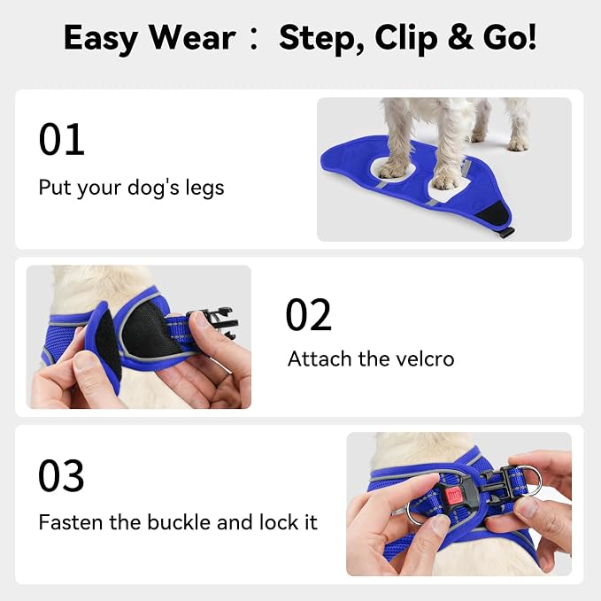 Joytale Small Dog Harness, Breathable Mesh Step-in Vest, Reflective Soft Padded Harnesses for Medium Dogs, Navy Blue, XL