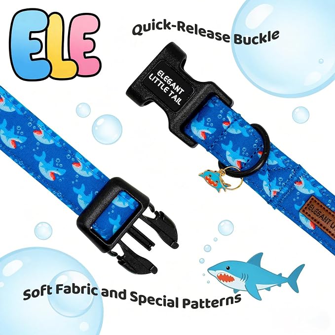 Elegant little tail Dog Collar,Cute Blue Shark Pattern Pet Collars Dog Cotton Soft Sturdy Puppy Collars Female or Male Adjustable Collar for Small Medium Large Dogs
