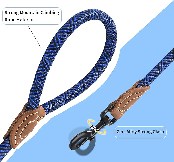 Mile High Life Rope Leash with Genuine Leather Connection, 6 FT/5 FT/4 FT, Heavy Duty Leash for Medium & Large Dogs (Blue, 48 Inch)