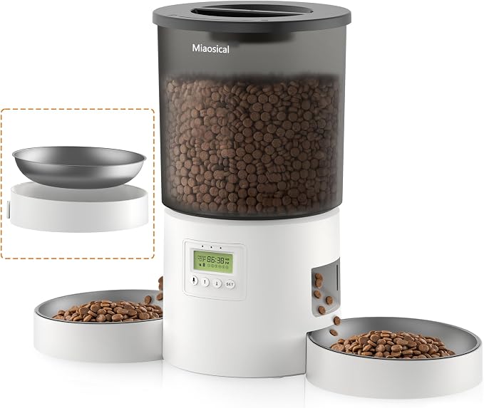 Automatic Cat Feeder 2 Cats, 4.2L Dry Food Auto Dispenser with Double Bowls,Dual Power Supply,Programmable Portion Control,10s Voice Recorder(Black,Stainless Steel Bowls) (Transparent+White)