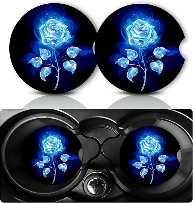 2Pack Blue Rose Car Cup Holder Coaster,Rose Flower Gifts for Women Men,Vehicle Interior Drink Mat Reusable Neoprene Car Coasters for Cup Holders Decor,Charming Roses Automotive Accessories