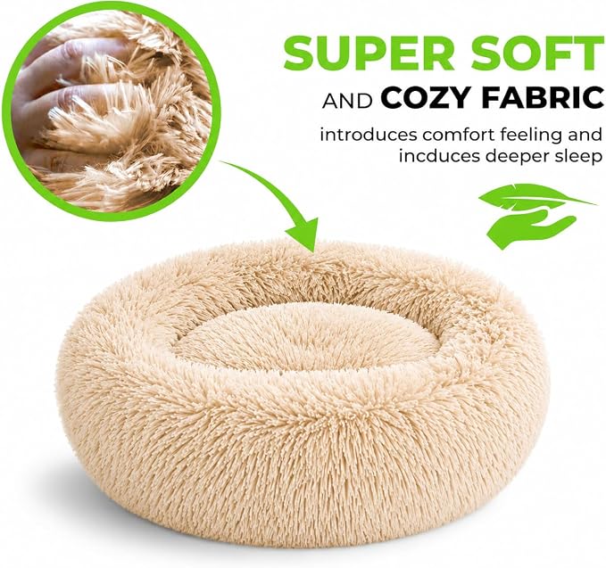 Whiskers & Friends Cat Beds for Indoor Cats, Fluffy Calming Donut Cat Bed, Small Dog Bed Washable - Orthopedic Soft Plush Pet Beds Sized for Kitten to Large Cats & Puppy to Small Dogs - Khaki
