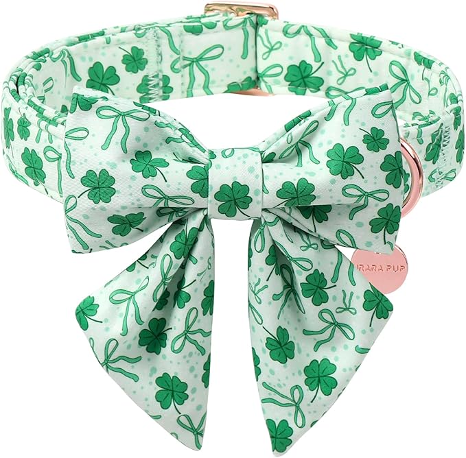 St. Patrick's Day Dog Collar with Bow Tie, Cotton St. Patrick's Day Bowtie Collar for Girl Boy Dog, Lucky Shamrock Dog Collar with Metal Buckle, Spring, L