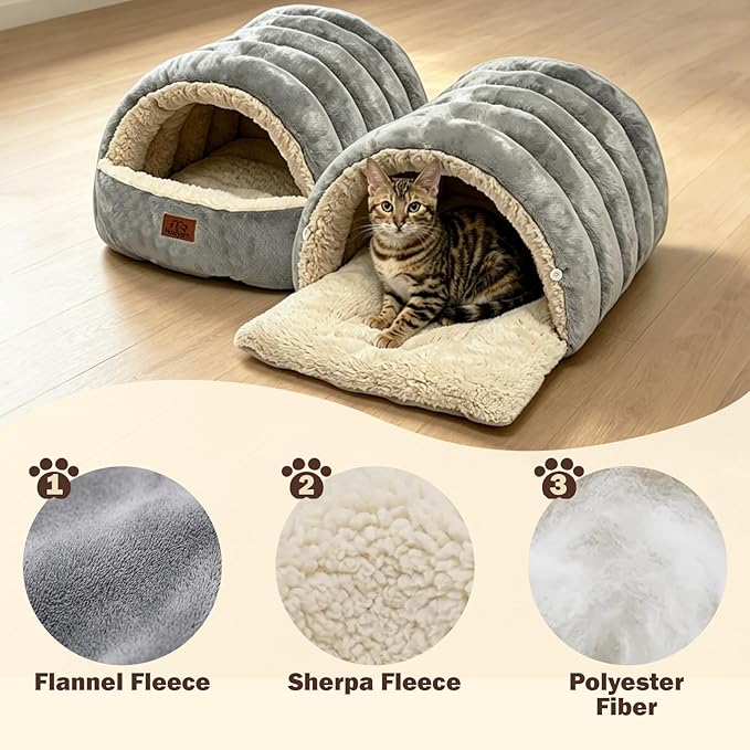 Covered Cat Bed Cave for Indoor Cats, 2-in-1 Enclosed Pet Bed for Small Dogs and Kittens with Zippered Washable Cat Mats, Cat House Bed, Grey
