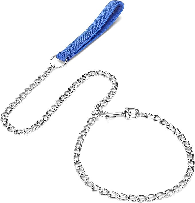 SGODA Metal Chain Heavy Duty Dog Leash, Chew Proof Dog Leash with Soft Handle for Over 50 lbs Large Size Pets Walking(4 ft. x 4.0 mm Blue)