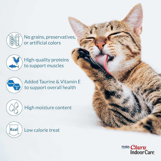 INABA Churu for Cats, Functional, Creamy Lickable Purée Cat Treat for Indoor Care and Hairball Control with Taurine & Vitamin E, 0.5 Ounces Each, 48 Tubes (4 per Pack), Chicken Recipe
