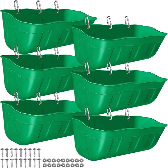 Hanging Goat Feeders,Chicken Feeder Waterer,Large Feed Trough 7.5 Quart 6 Pack,Hanging Fence Feed Trough for Poultry Livestock,Green