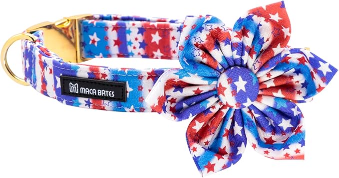 Maca Bates American Flag 4th of July Dog Collar with Flower Bow 4 of 7 for Dogs Adjustable Durable Star Patriotic USA Collars Summer Independence Day for Small Medium Large XL Boy Girl Puppy