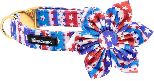 Maca Bates American Flag 4th of July Dog Collar with Flower Bow 4 of 7 for Dogs Adjustable Durable Star Patriotic USA Collars Summer Independence Day for Small Medium Large XL Boy Girl Puppy