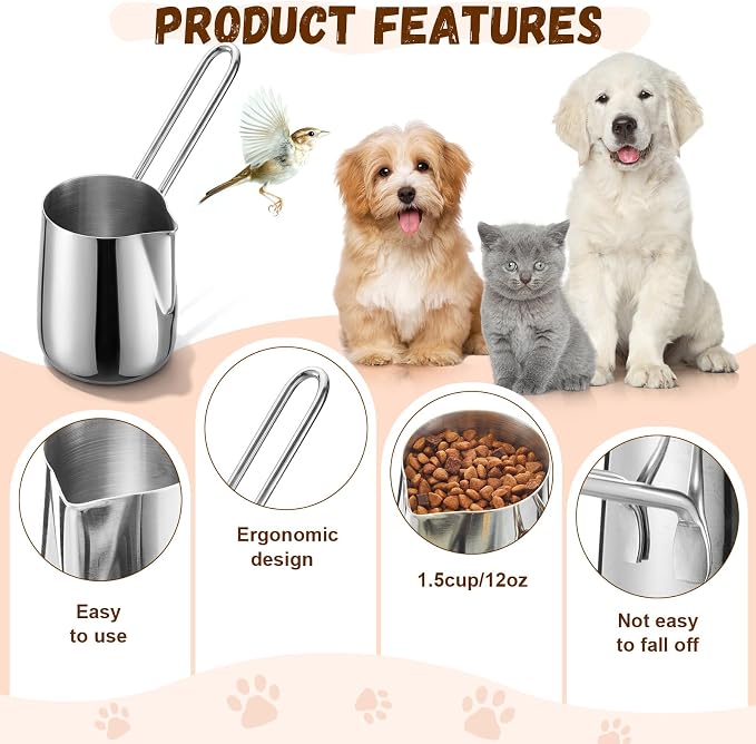 Zonon 2 Pieces 1.5 Cup Dog Food Metal Scoop 12 oz / 1.5 Cup Stainless Steel Measuring Cups with Wire Design Handle Durable Dog Cat Food Metal Scoop for Kibble or Seed Easy-clean, Rust-resistant