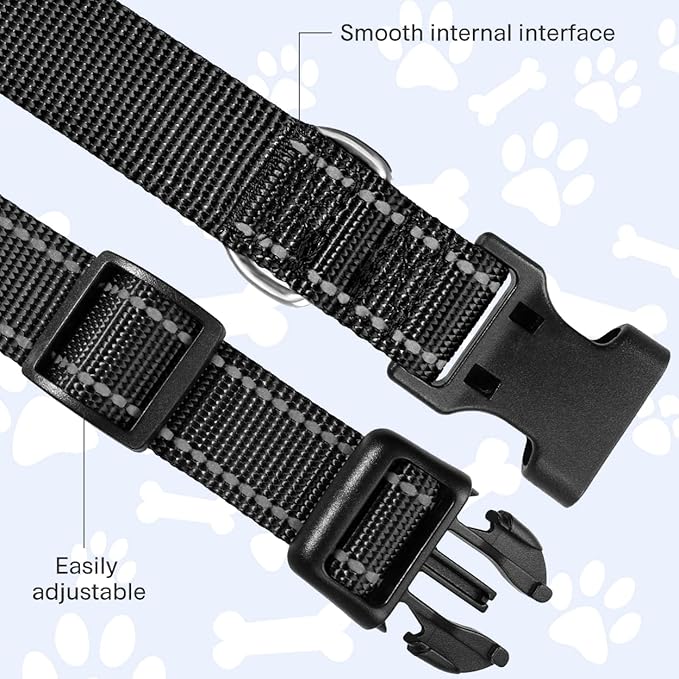 FunTags Length 8" - 12" Reflective Black Dog Collar for Puppy/Extra Small Dogs – Night Walking & Training Safety, Durable Quick Release Buckle, Nylon, Comfortable Adjustable, Width 3/8"