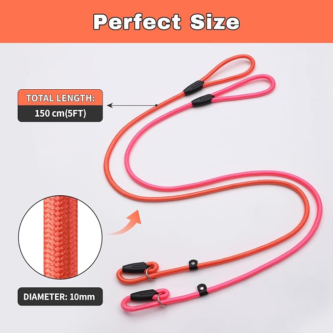 FOVRLZSE 3-Pack Adjustable Dog Slip Leads Pink/Light Blue/Orange - Super-Strong, Easy On/Off, No Collar Needed, Standalone Use, Eye-Catching for Walking/Training