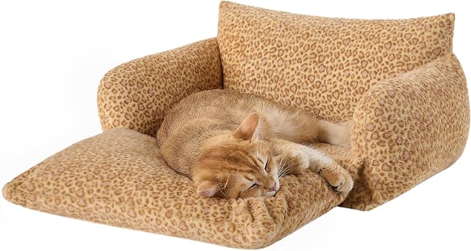 Hollypet Cat Bed Fluffy Plush Multifunctional Double-Layer Machine Washable Soft Warming Kitty Pet Couch Orthopedic Nest Beds for Small Cats Kitten and Dogs up to 13lbs, Yellow Leopard(21x15x8 inch)