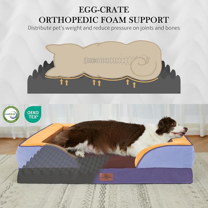 Comfort Expression Orthopedic Dog Bed for Large Dogs 36x27 Inch, Waterproof Egg Crate Foam Large Pet Bed with Bolsters, Dog Couch with Washable Cover & Non-Slip Bottom, Honey Lavender