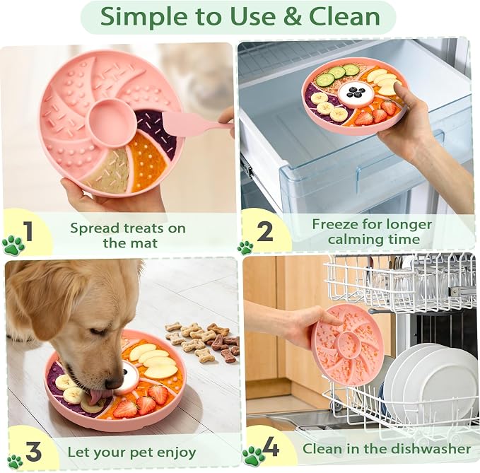 Silicone Dog & Cat Slow Feeder Bowl Lick Mat with Strong Suction Cups, Anti-Spill Design, Multi-Textured, Extend Mealtime, Reduce Anxiety, Dishwasher Safe, All Breeds & Ages (Pink)
