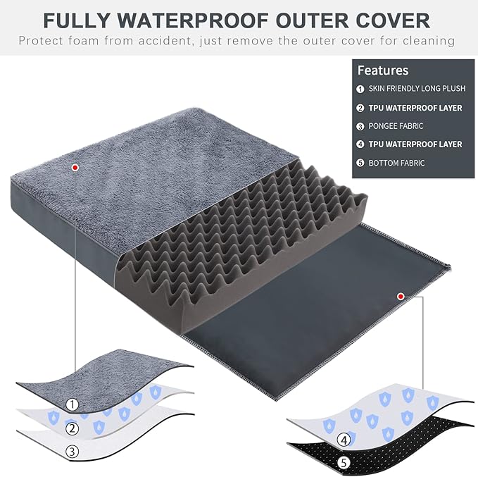 Waterproof Extra Large Dog Bed Orthopedic Dog Beds for Crate with Removable Washable Cover Egg-Crate Foam Pet Pad Mat with Anti-Slip Bottom, 47x29 Inch, Grey