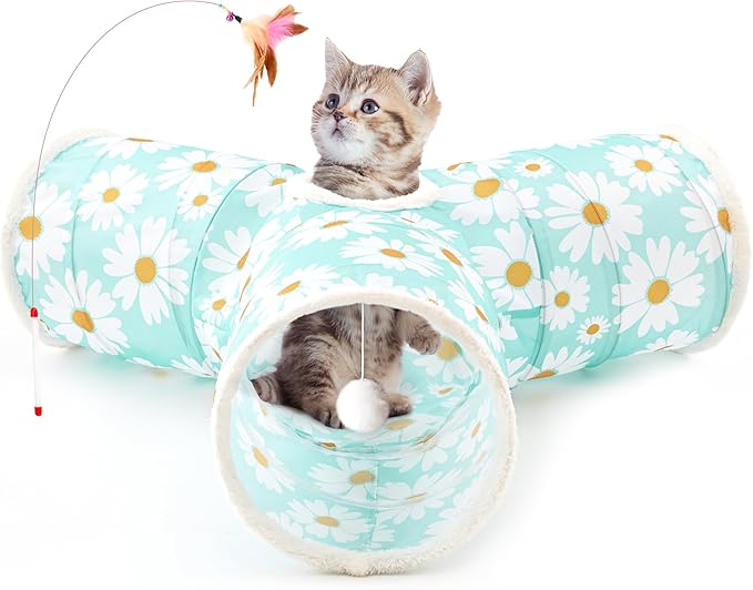 Tempcore Cat Tunnel for Indoor Cats, 3 Way Collapsible Pet Play Tunnel with Teaser Wand, Peek Holes & Hanging Ball, Interactive Tube for Kittens & Rabbits, Daisy Blue Printed