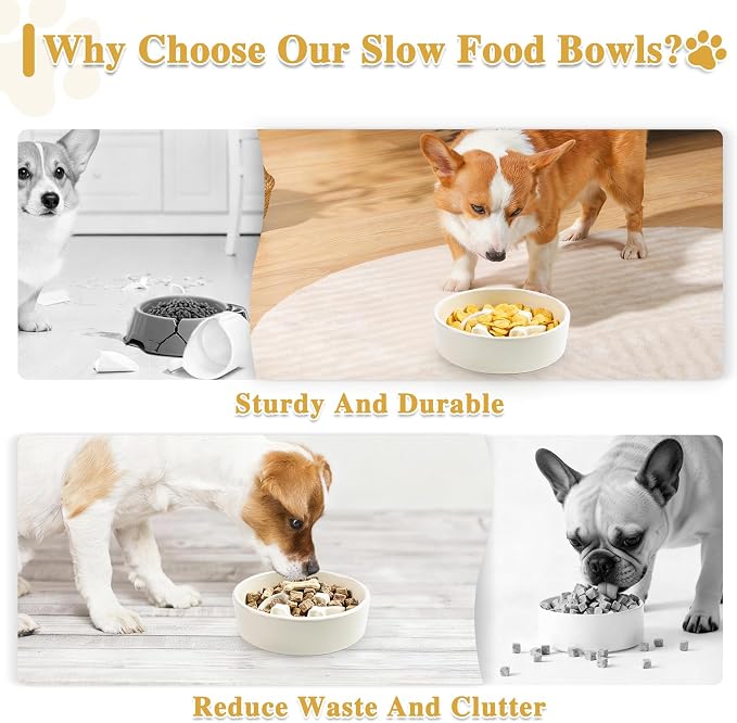 Ceramic Slow Feeder Dog Bowls, 0.6 Cups Dog Food Dish for Small and Medium Breed, Puzzle Dog Food Bowl for Fast Eater, 15OZ, 6.3 inch(Beige)