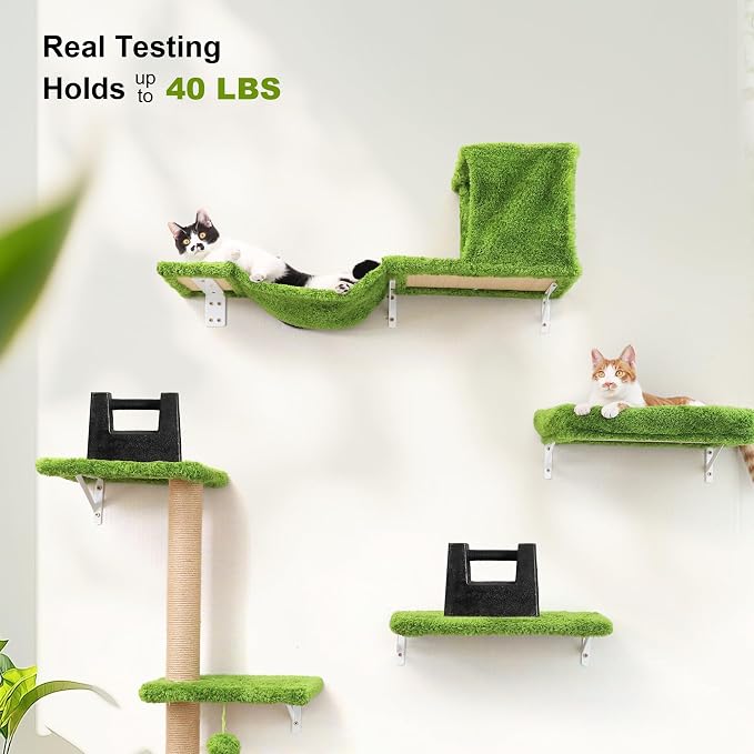 FUKUMARU Cat Wall Shelves, Stable & Safe 5 in 1 Cat Walls Furniture Set, Wooden Kitten Climbing Wall with Scratching Post for 16 Inch Drywall - Green