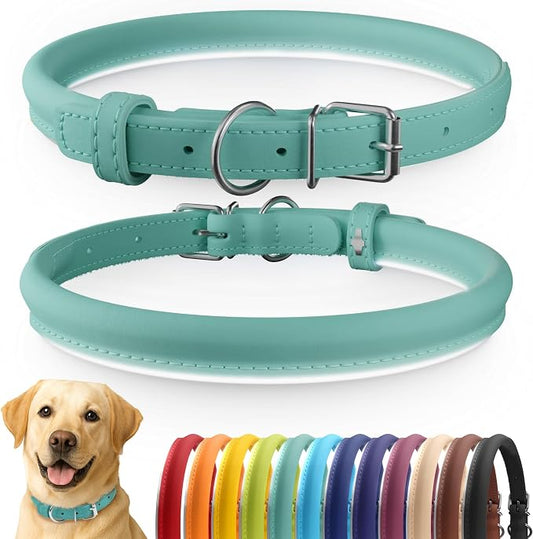 CollarDirect Reflective Rolled Leather Dog Collar, Soft Padded Round Puppy Collar, Handmade Genuine Leather Collar Dog Small Large Cat Collars 13 Colors (15-19 Inch, Mint Green Reflective)