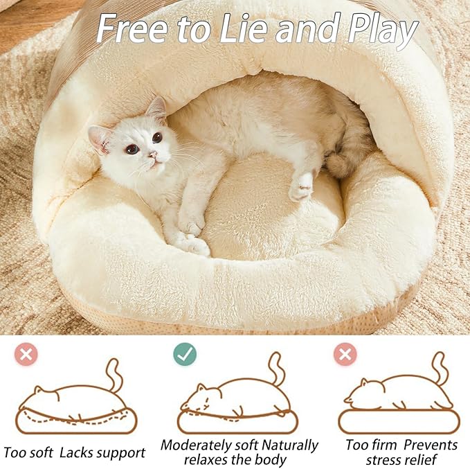 Romaneco Cat Bed - Pet Slipper Cave Bed for Indoor Cats and Small Dogs, Self Warming, Cozy & Soft Plush, Anti-Slip & Durable, Washable for Kittens and Puppies Under 15 lbs (24"x16", M, Light Brown)