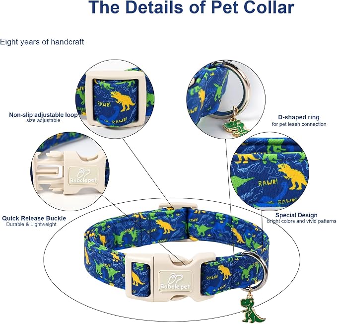 Dinosaur Dog Collar, Cute Boy Dog Collars for Large Dogs - Blue Multicolor Dino Cotton Male Dogs Collar, Soft Adjustable Daily Pet Collars with Quick Release Buckle L