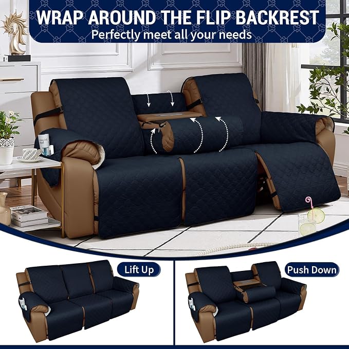 Waterproof Recliner Sofa Covers with Flipped Middle Backrest Washable Recliner Couch Covers Non-Slip with Elastic Straps Furniture Protector for Kid Dogs Pets (Navy Blue)