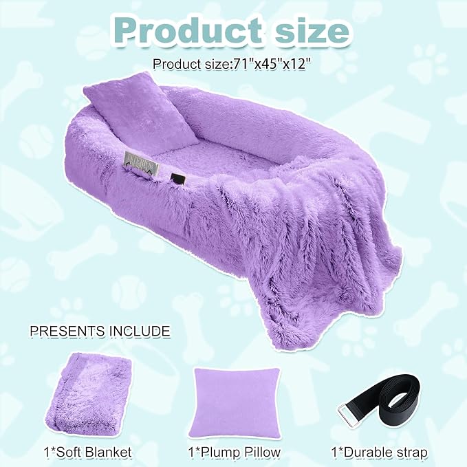 YAEM Human Dog Bed for Adult and Pets - 71"x45"x12" Dogs Beds for Humans with Washable Faux Fur Cover, Plump Pillow, Blanket, Orthopedic Design, Strap-Purple