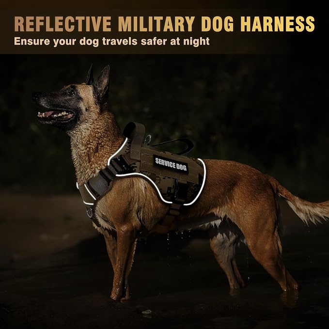 WINSEE Tactical Dog Harness for Medium Dog, Heavy Duty Service Working MOLLE Vest with 10 Pet Patches, 2X Metal Buckle Vest for Training Hunting Walking