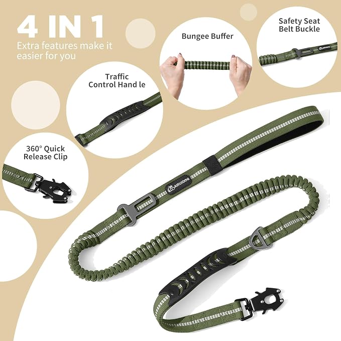 Heavy Duty Tactical Dog Leash, 4-6FT Shock Absorbing Bungee Lead with 2 Padded Handles, Metal Carabiner & Seatbelt Clip, Reflective No-Pull Leash for Medium/Large Dogs (ArmyGreen)