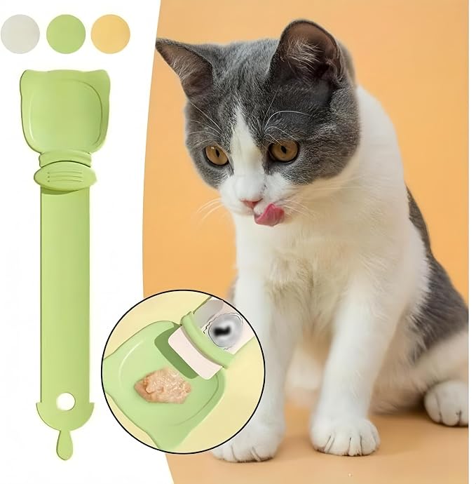 Multifunctional Cat Strip Squeeze Spoon - Cute Cat Head Feeder, 3 Color Strip, Wet Food Dispenser & Treat Spoon (Pet Supplies) (Green-1PCS+Orange-1PCS)