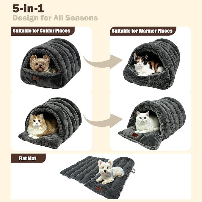 Covered Cat Bed Cave for Indoor Cats, 2-in-1 Enclosed Pet Bed for Kittens with Zippered Washable Cat Mats, Cat House Bed, Dark Grey