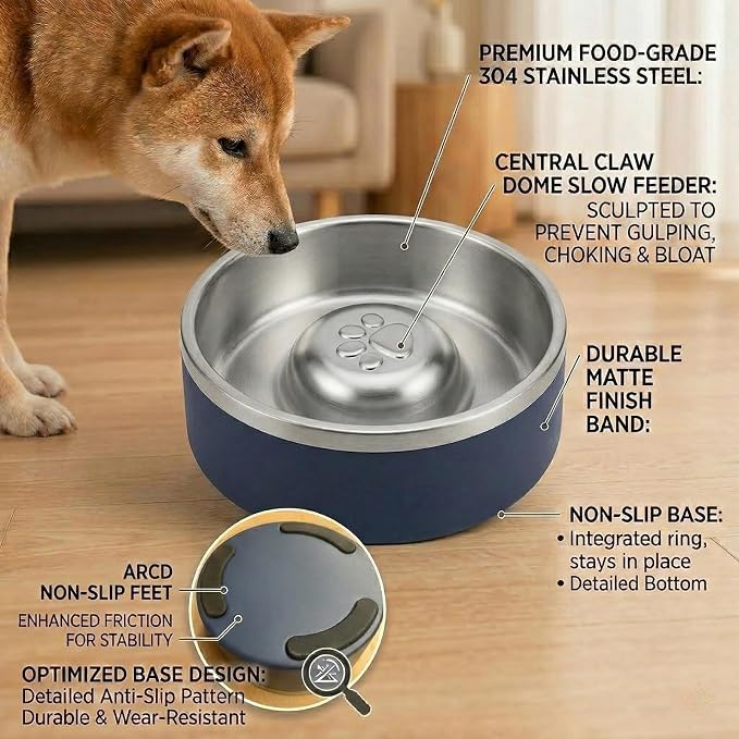 Stainless Steel Slow Feeder Dog Bowl, Heavy Duty Thickened Metal Dog Bowl, Non-Slip Base, Dishwasher Safe, Anti Gulping Feeding Bowl for Small to Medium Dogs & Cats, 56 oz, Dark Blue