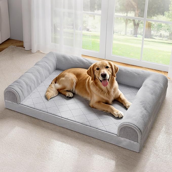 Simple Trending Dog Bed for Large Dogs, Orthopedic XL Pet Bed with Sides, Waterproof Egg Crate Foam Couch Sofa with Removable Cover and Anti-Slip Bottom, Grey