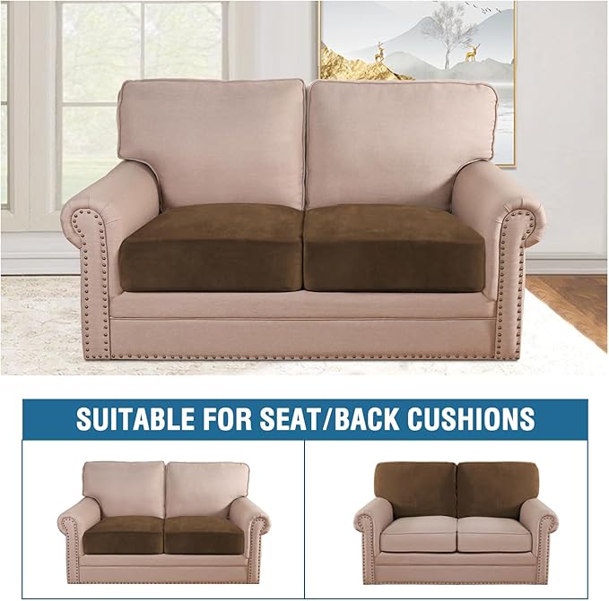 H.VERSAILTEX Velvet Stretch Couch Cushion Cover Plush Cushion Slipcover for Chair Loveseat Sofa Cushion Furniture Protector Seat Cushion Sofa Cover (2 Piece Large Sofa Cushion Covers, Bronze Brown)