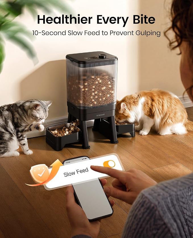 oneisall Automatic Cat Feeder for 2 Cats, 5GHz & 2.4GHz WiFi Cat Feeder with App Control, 7L/32-Cup Timed Food Dispenser with Portion Control, Dual Stainless Steel Bowls
