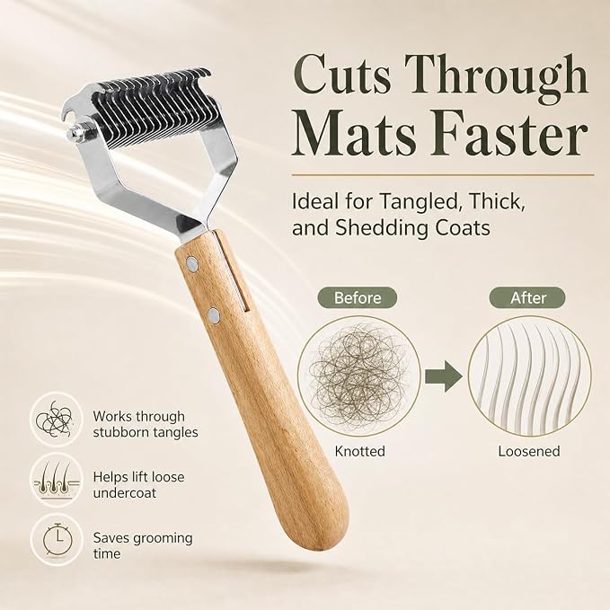 Pet Grooming Combo - Extra Large 2-Sided Wooden Pet Comb, Pet Pro Grooming tool Detangling and Dematting Long, Matted Fur on Cats and Dogs