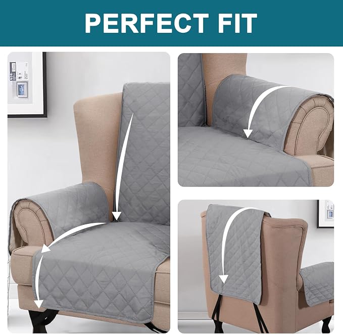 Turquoize 100% Waterproof Wing Chair Cover Wing Armchair Slipcovers Chair Couch Protector Triple Non-Slip Sofa Slipcover for Wing Chair Furniture Protector for Pets, Kids,Dog (Wing Chair, Dove Gray)