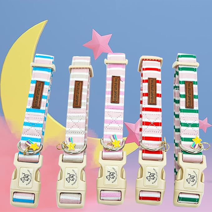 Elegant little tail Dog Collar, Cute Pink with Blue Strip Pattern Pet Collars Soft Girl or Boy Adjustable Cotton Puppy Collar with Quick Release Buckle for X-Small Puppy