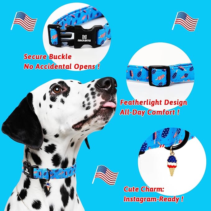 Maca Bates 4th of July Dog Collar with Ice Cream Charm for Medium Large Girl Boy Dogs,Popsicle Pattern,Pretty Adjustable Durable Collars Blue Independence Day Gift for Male Female Puppy