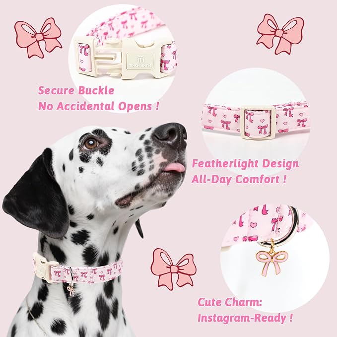 Maca Bates Pink Basic Dog Collar with Sailor Bow Charm for Small Girl Dogs, Girly Cute Heart Bowtie Pattern,Feminine Style,Adjustable Durable Soft Collars Birthday Gift for Female Puppy