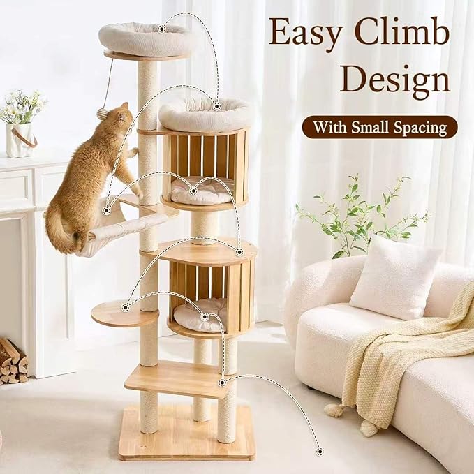 HITTITE Solid Wood Cat Tree Tower with Scratching Post, 70 Inches Tall Cat Towers with Hammock and Condo, Modern Cat Tower with Removable Top Bed for Indoor Cats.
